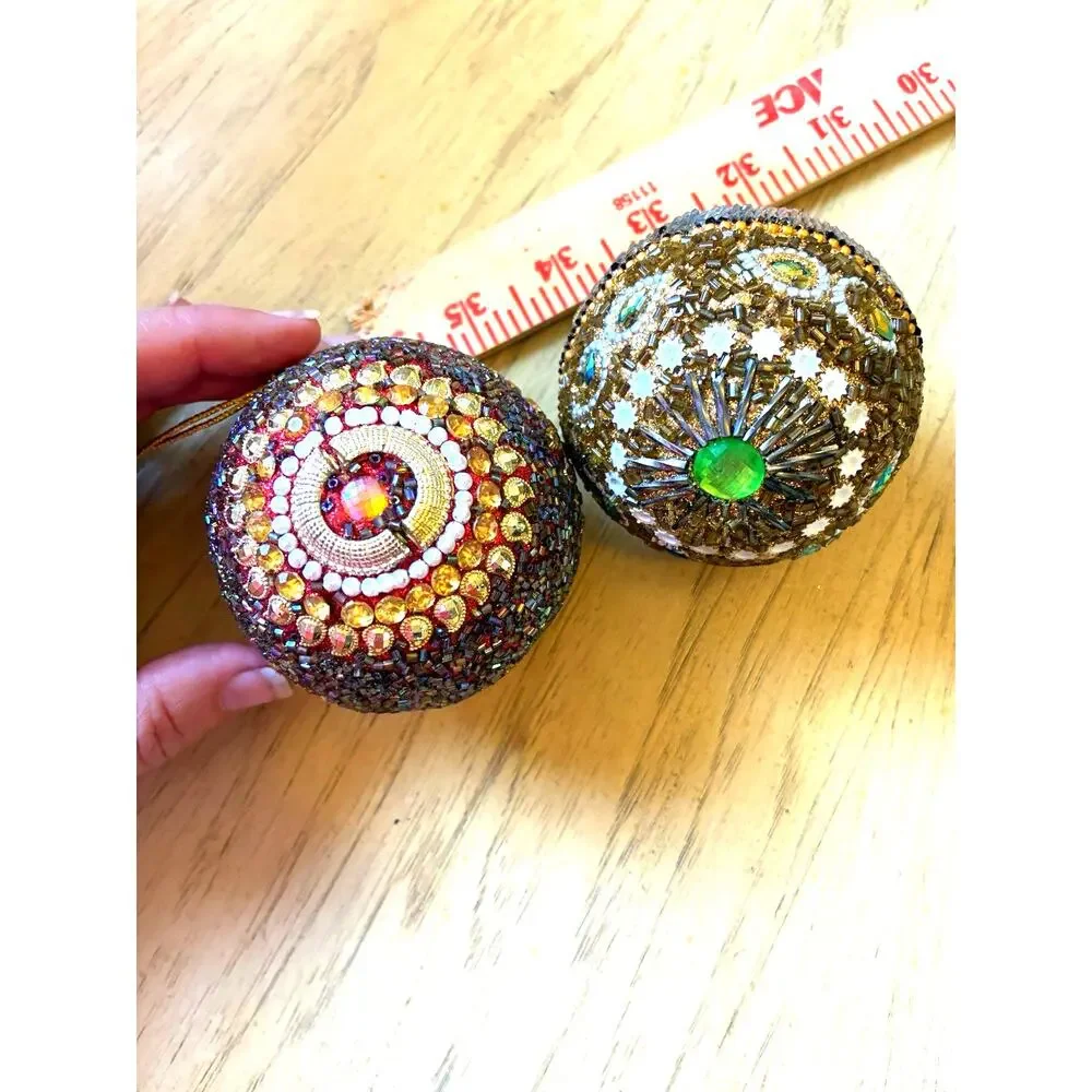 2 VTG Beaded Christmas Ornaments Jewels Balls Ornate Bling Sparkle Pier 1 Style
